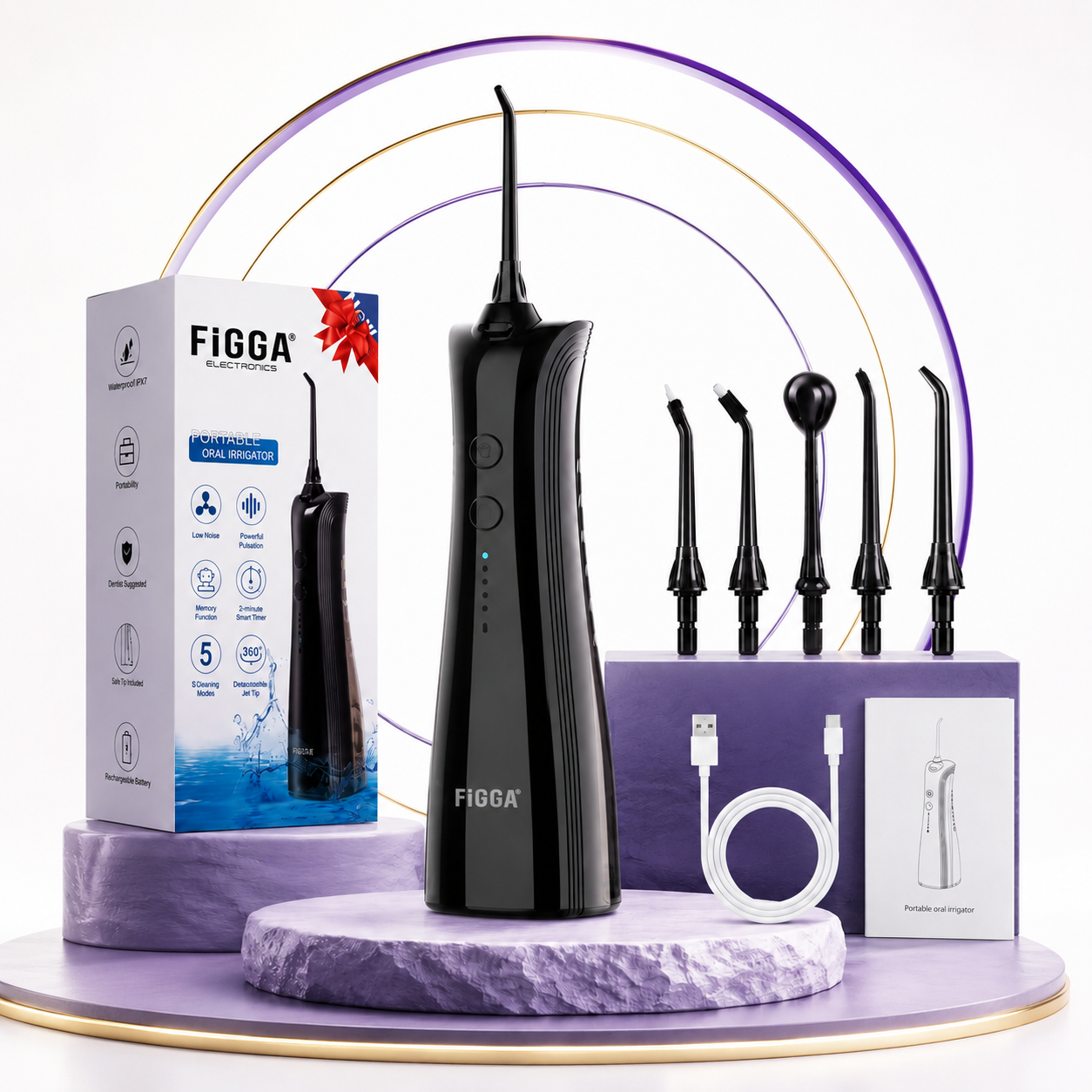Irygator do jamy ustnej FiGGA® ORAL F-202 – Przenośny irygator, USB-C, zbiornik 230 ml, 5 trybów czyszczenia, IPX7, 2000 mAh, Premium Czarny