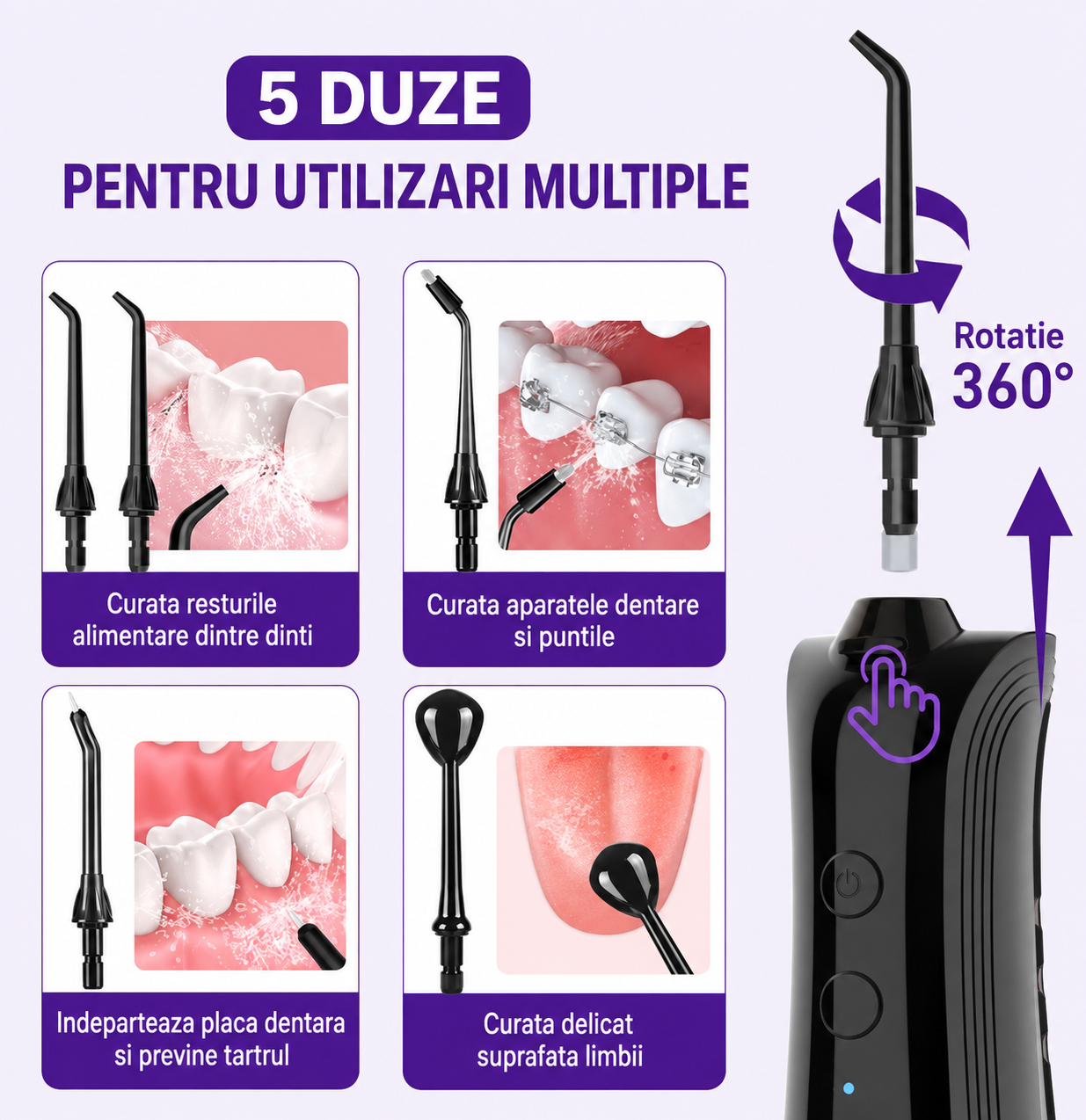 Irigator bucal FiGGA® ORAL F-202 – Duș bucal portabil, USB-C, rezervor 230 ml, 5 moduri de curățare, IPX7, 2000 mAh, Negru Premium