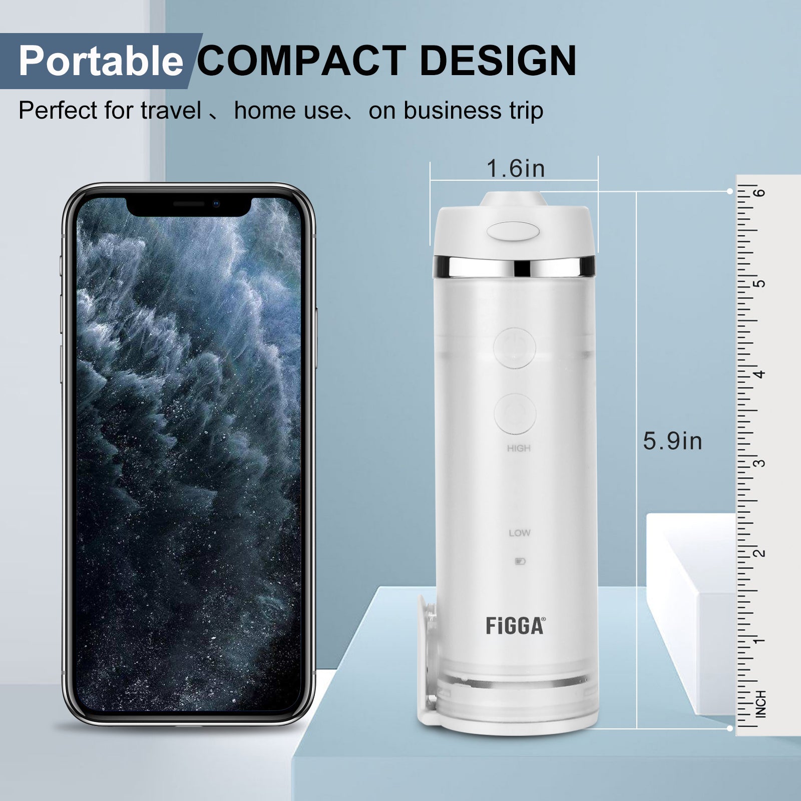 Irigatorul bucal pliabil FiGGA ORAL-FGO pliat la 15 x 4 cm, comparat cu un telefon mobil