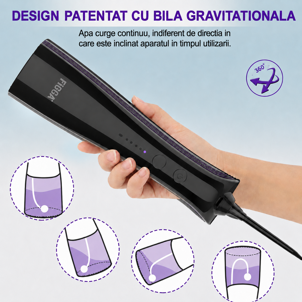 Irigator bucal FiGGA® ORAL F-202 – Duș bucal portabil, USB-C, rezervor 230 ml, 5 moduri de curățare, IPX7, 2000 mAh, Negru Premium
