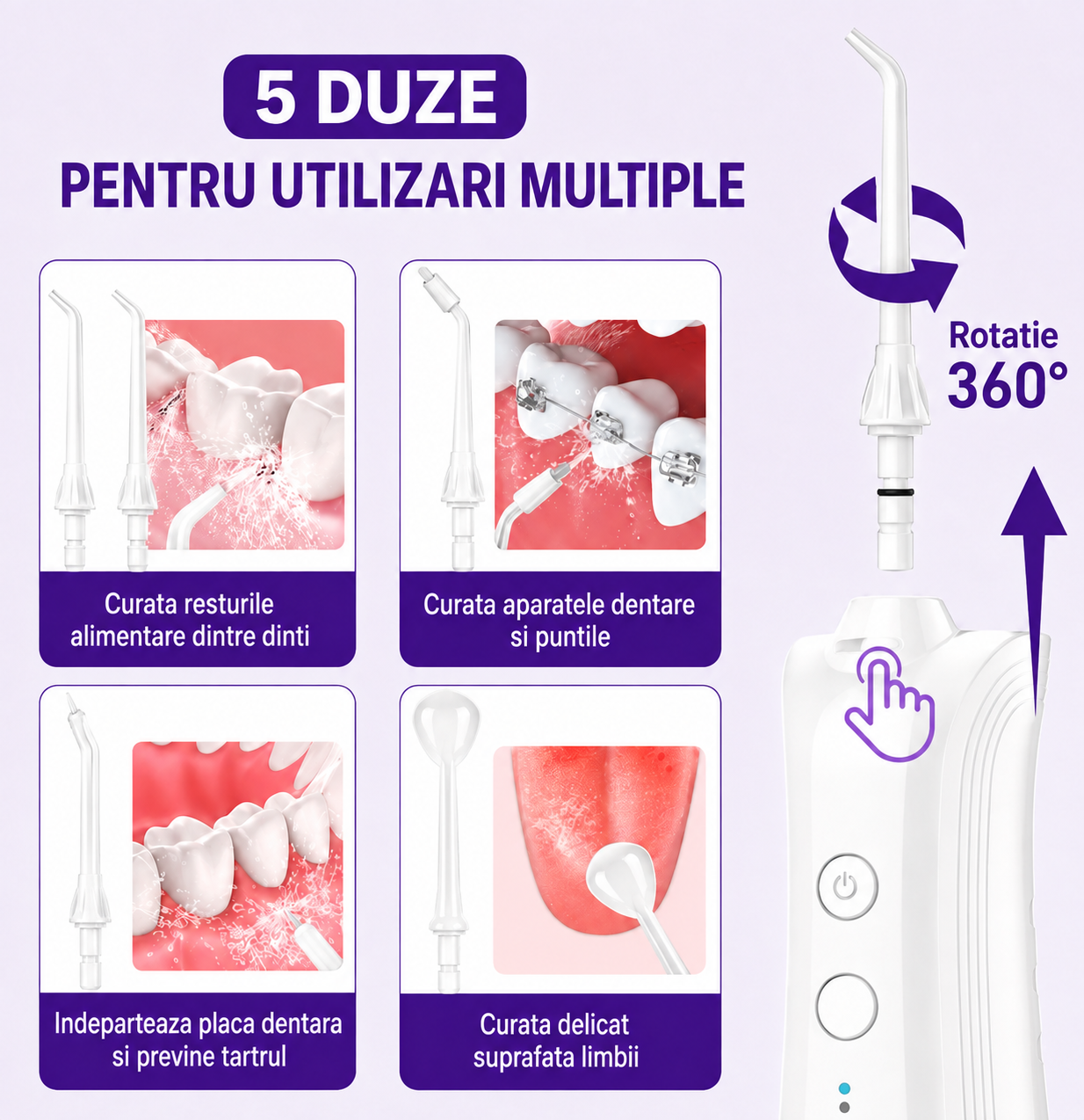 Irigator bucal FiGGA® ORAL F-202 – Duș bucal portabil, USB-C, rezervor 230 ml, 5 moduri de curățare, IPX7, 2000 mAh, Alb Elegant