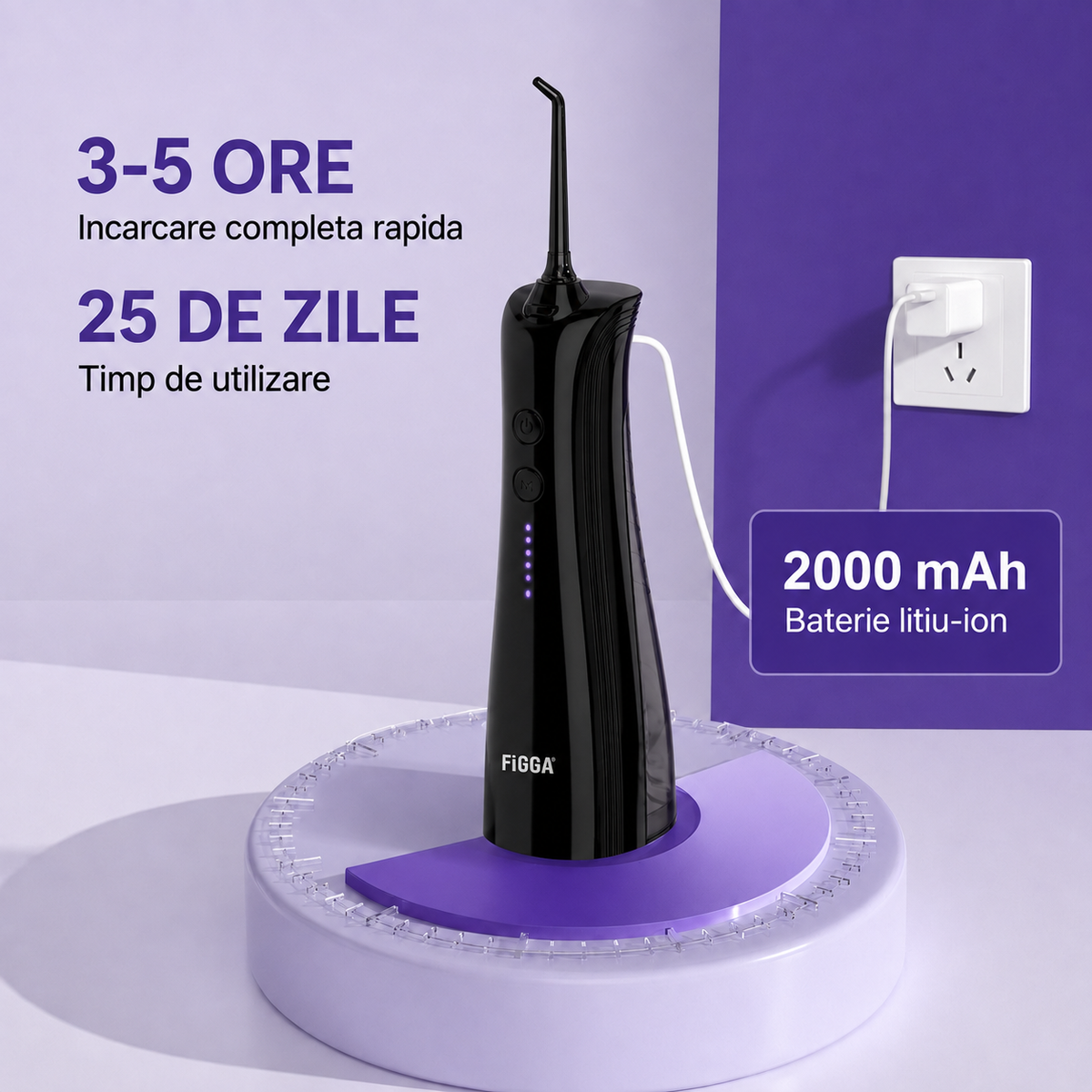 Irygator do jamy ustnej FiGGA® ORAL F-202 – Przenośny irygator, USB-C, zbiornik 230 ml, 5 trybów czyszczenia, IPX7, 2000 mAh, Premium Czarny