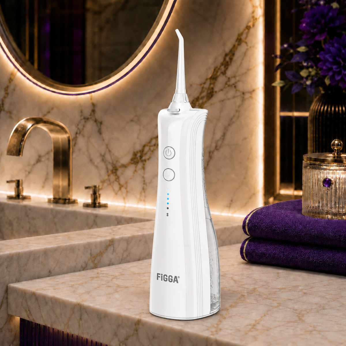 Irygator do zębów FiGGA® ORAL F-202 – Przenośny irygator dentystyczny, USB-C, zbiornik 230 ml, 5 trybów czyszczenia, IPX7, 2000 mAh, Elegancki biały