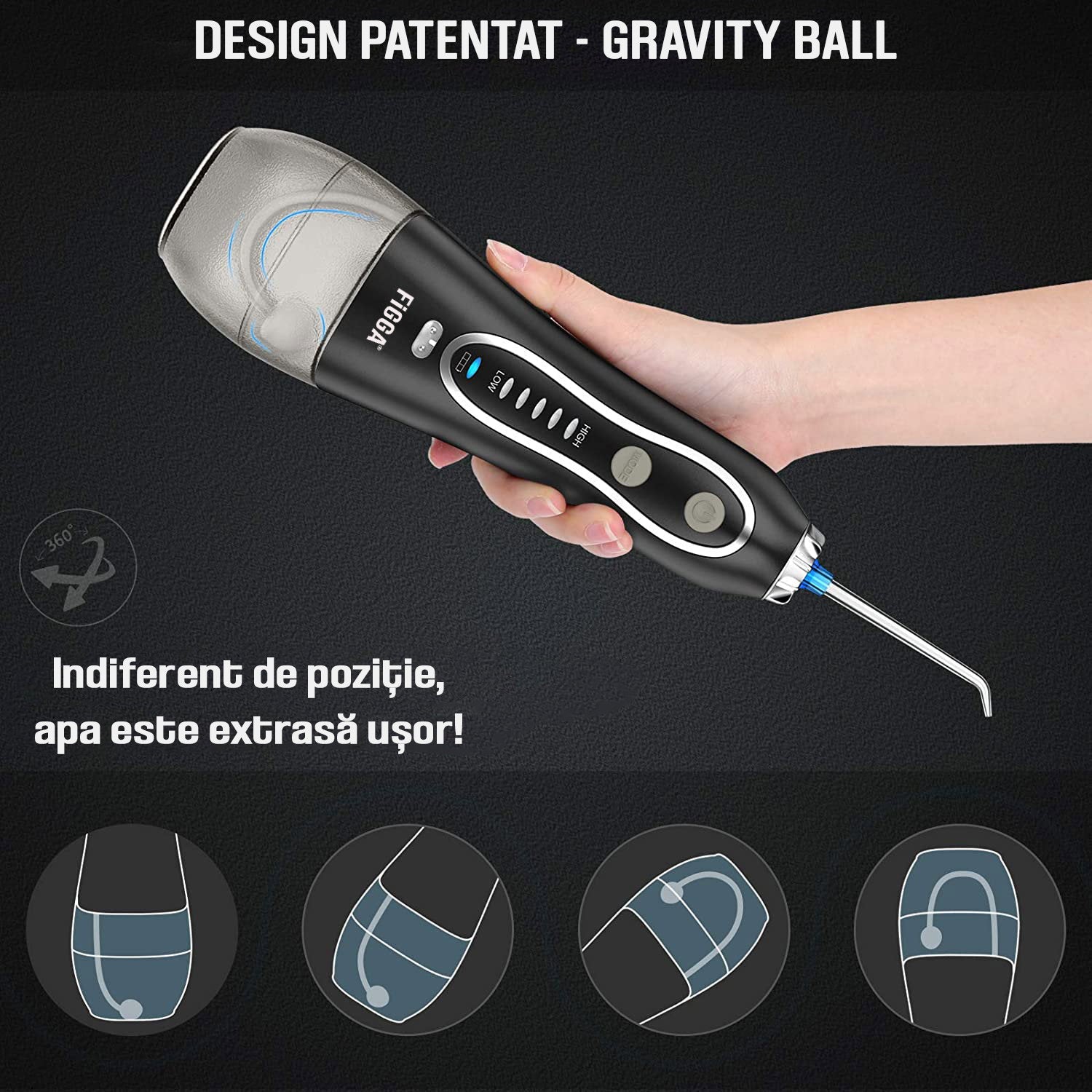 Duș bucal FiGGA® Oral-F101 – Irigator portabil profesional, 8 capete, 2500 mAh, 5 viteze, rezervor 300 ml, IPX7, Negru