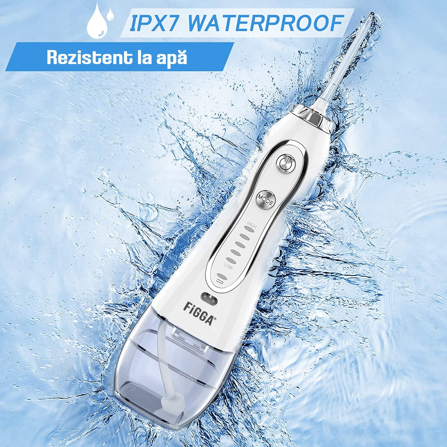 Duș bucal FiGGA® Oral-F101 – Irigator portabil profesional, 8 capete, 2500 mAh, 5 viteze, rezervor 300 ml, IPX7, Alb