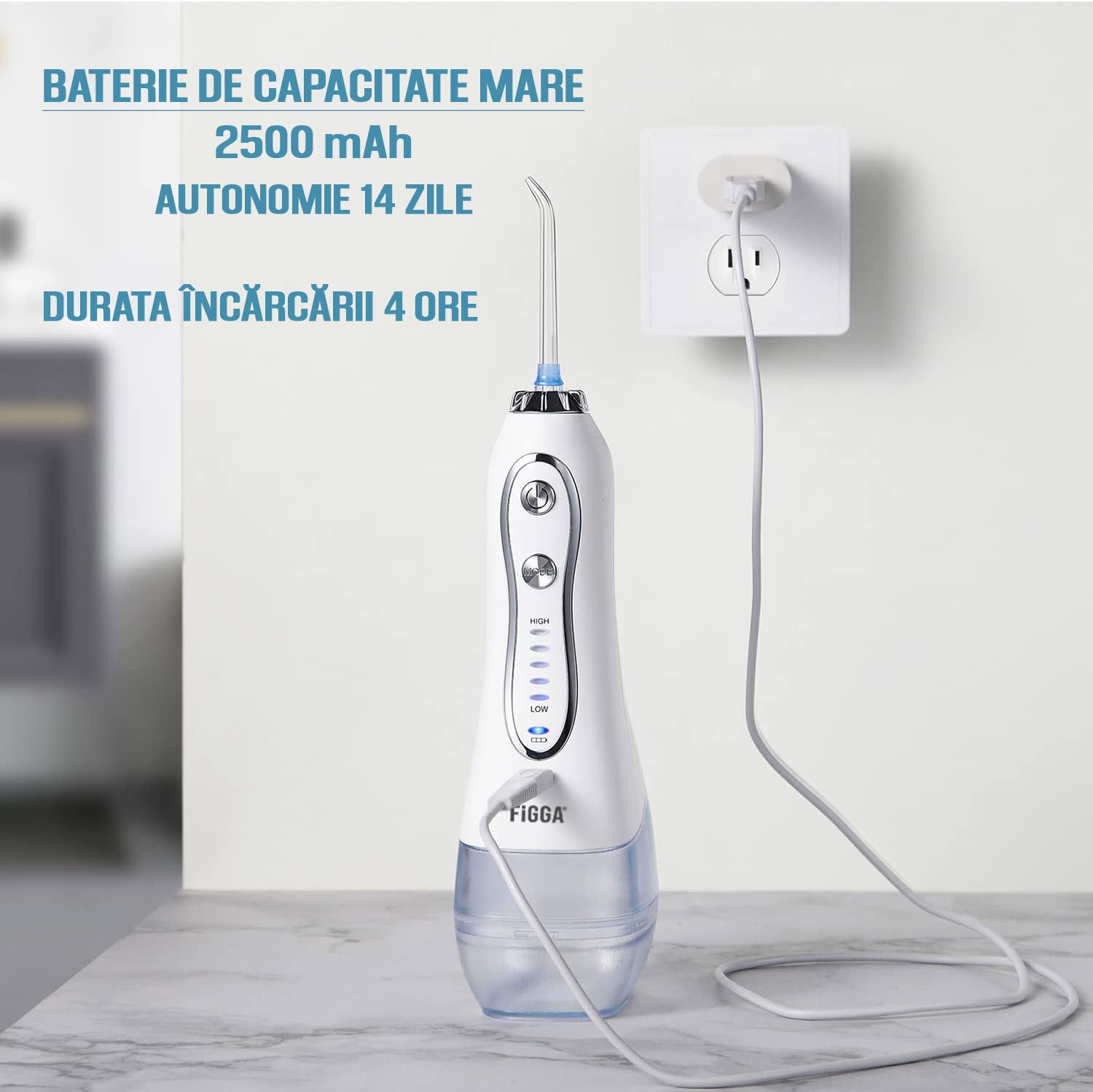 Duș bucal FiGGA® Oral-F101 – Irigator portabil profesional, 8 capete, 2500 mAh, 5 viteze, rezervor 300 ml, IPX7, Alb