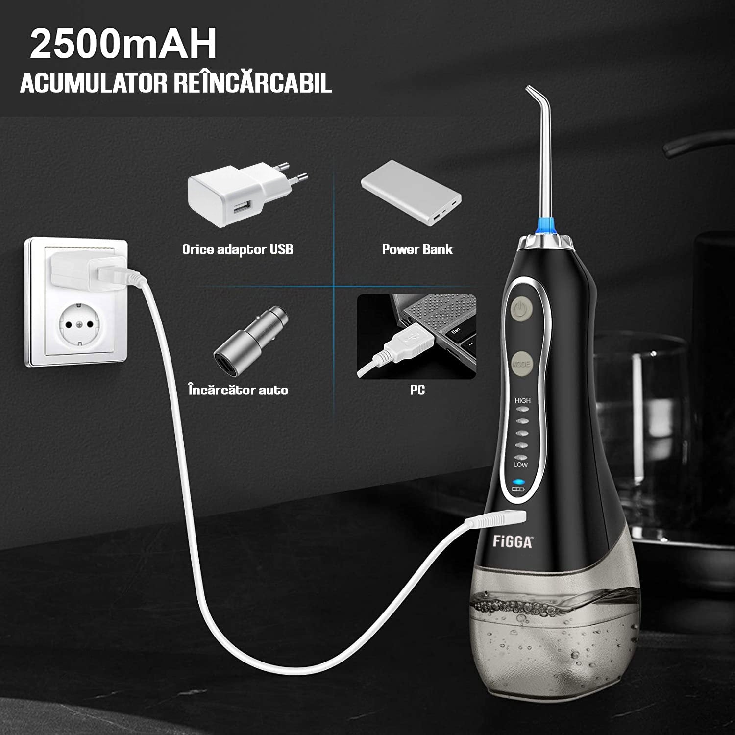 Duș bucal FiGGA® Oral-F101 – Irigator portabil profesional, 8 capete, 2500 mAh, 5 viteze, rezervor 300 ml, IPX7, Negru