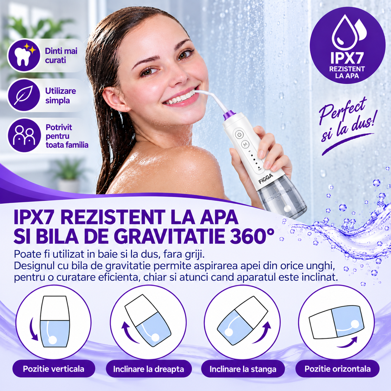 Irigator bucal FiGGA® ORAL F-303 – Duș bucal portabil, USB-C, rezervor XL 300 ml, 5 trepte Gear Cleaning, IPX7