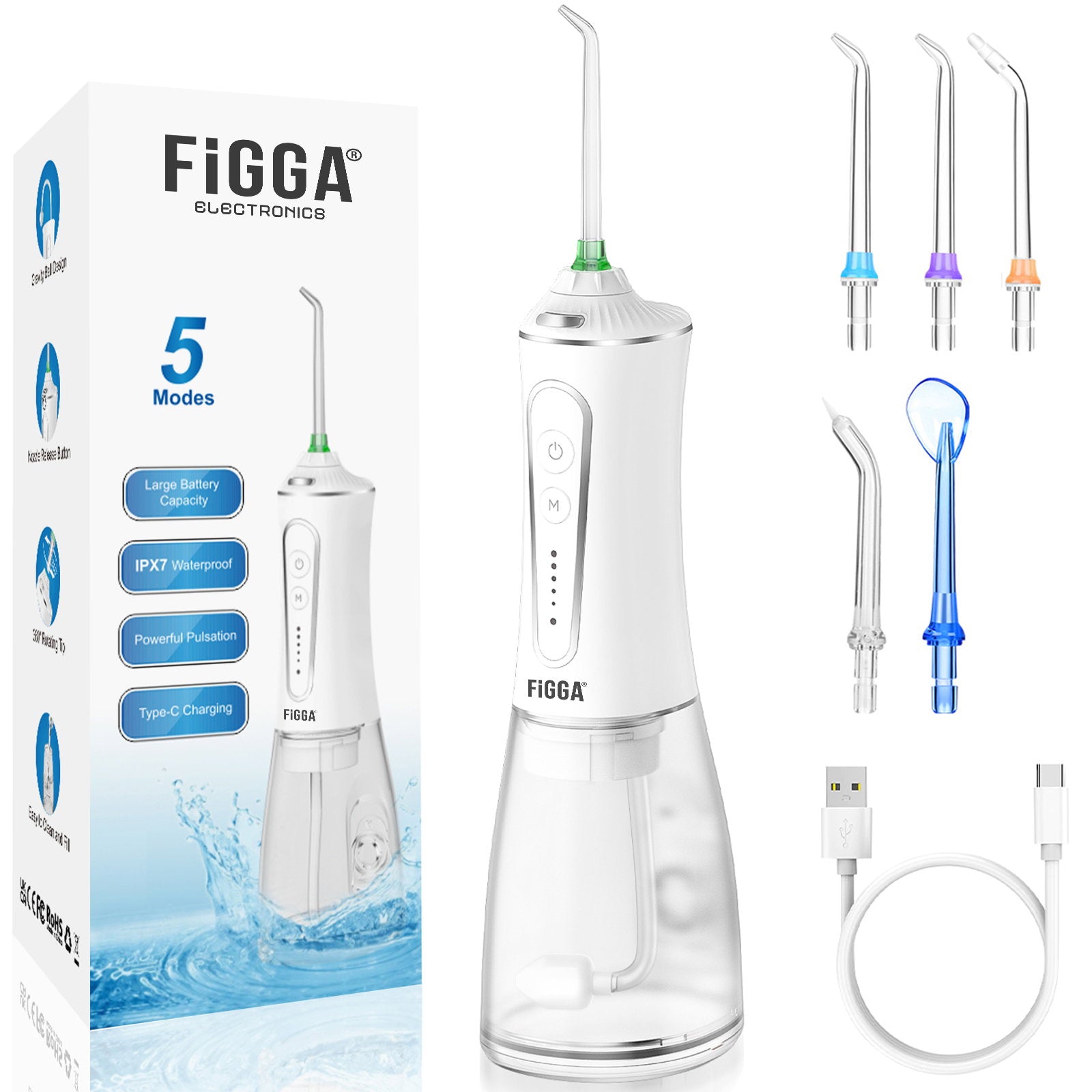 Irigator bucal FiGGA® ORAL F-303 – Duș bucal portabil, USB-C, rezervor XL 300 ml, 5 trepte Gear Cleaning, IPX7 - Alb