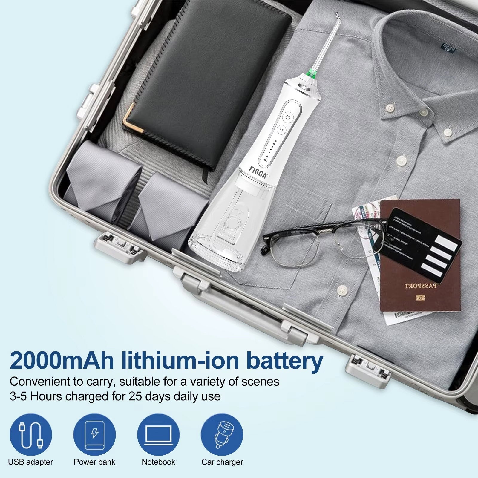 Irigator bucal FiGGA® ORAL F-303 – Duș bucal portabil, USB-C, rezervor XL 300 ml, 5 trepte Gear Cleaning, IPX7 - Alb