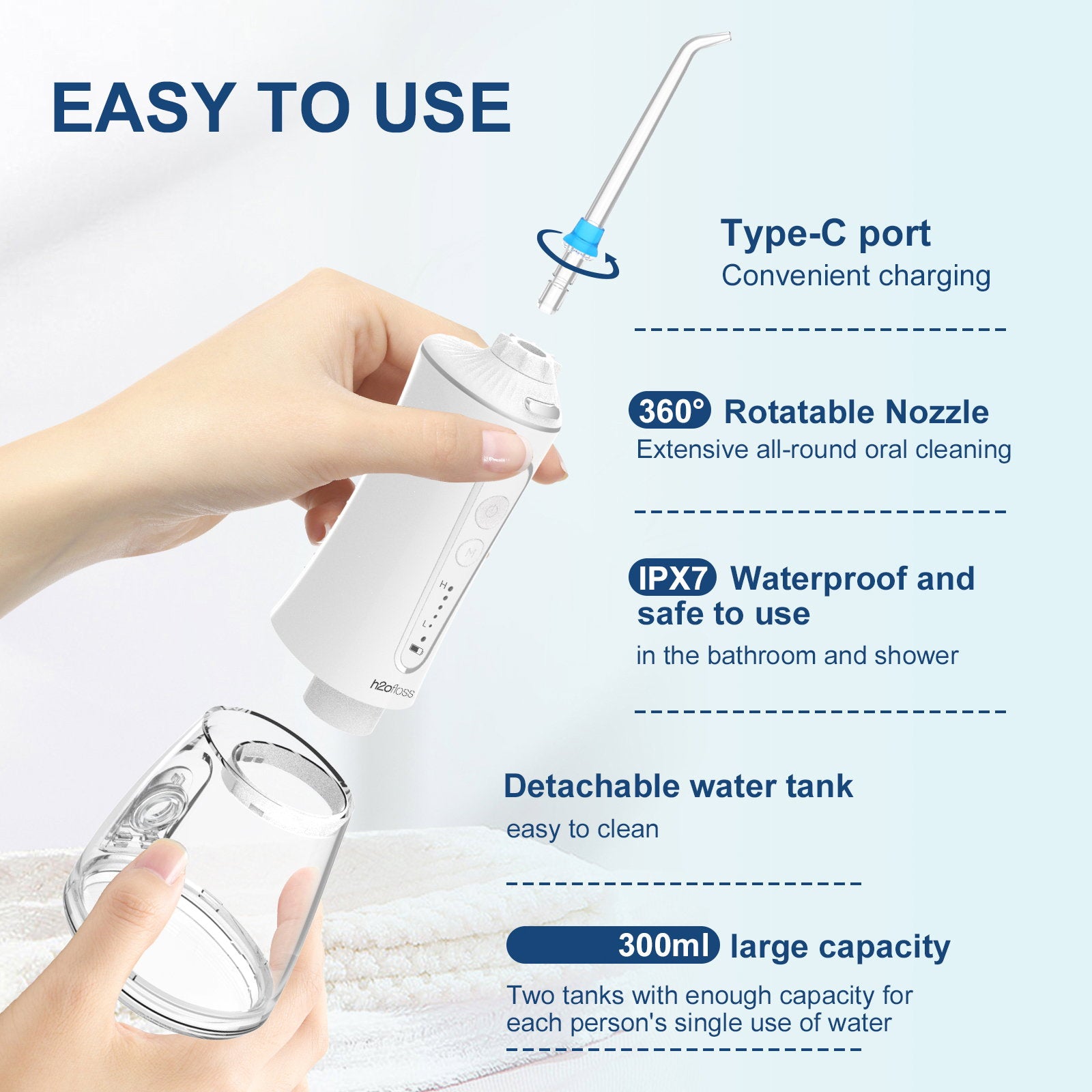 Irigator bucal FiGGA® ORAL F-303 – Duș bucal portabil, USB-C, rezervor XL 300 ml, 5 trepte Gear Cleaning, IPX7 - Alb
