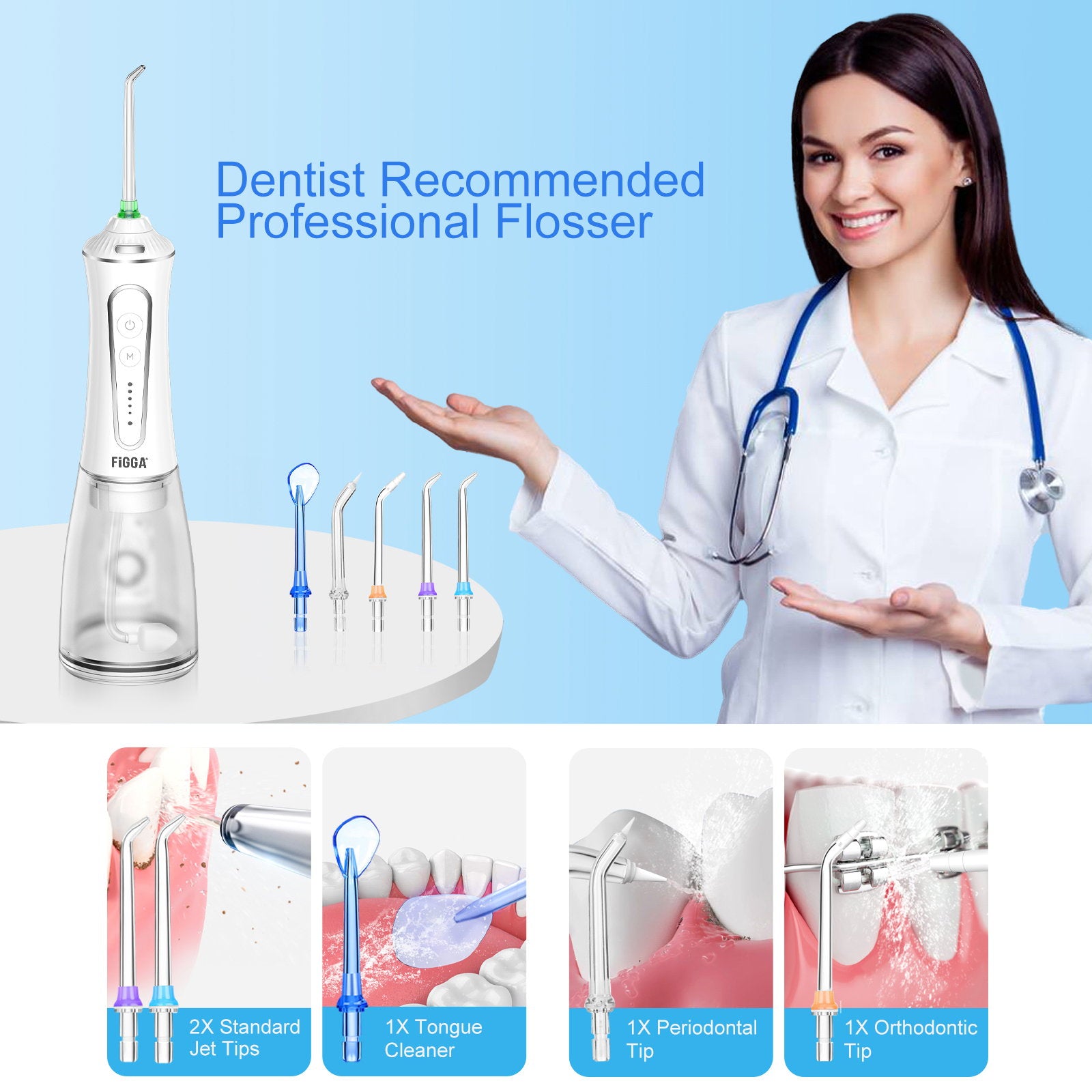 Irigator bucal FiGGA® ORAL F-303 – Duș bucal portabil, USB-C, rezervor XL 300 ml, 5 trepte Gear Cleaning, IPX7 - Alb