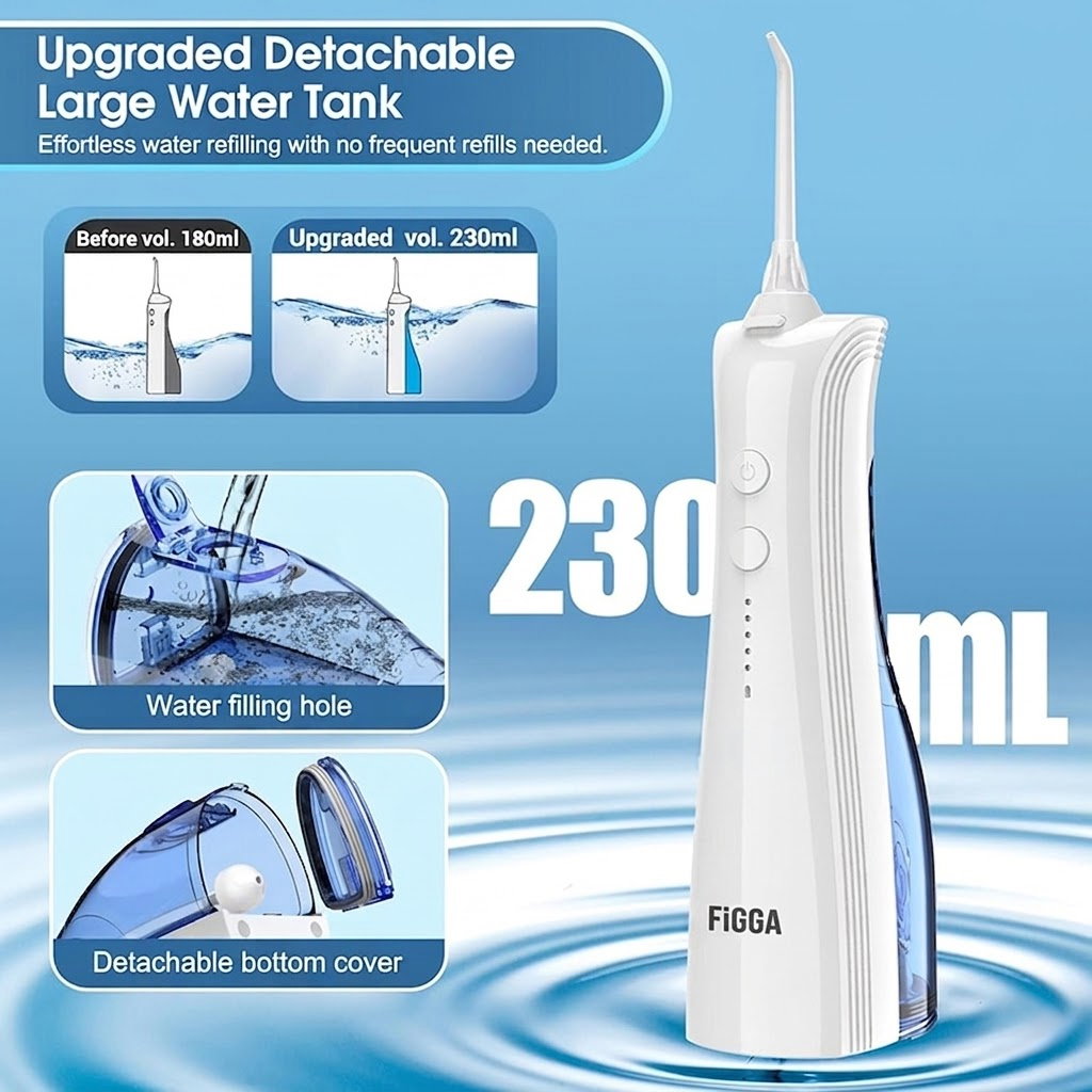 Irigator bucal FiGGA® ORAL F-202 – Duș bucal portabil, USB-C, rezervor 230 ml, 5 moduri de curățare, IPX7, 2000 mAh, Alb Elegant