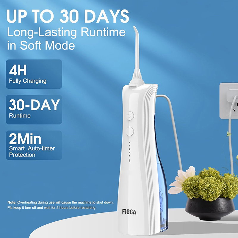 Irigator bucal FiGGA® ORAL F-202 – Duș bucal portabil, USB-C, rezervor 230 ml, 5 moduri de curățare, IPX7, 2000 mAh, Alb Elegant