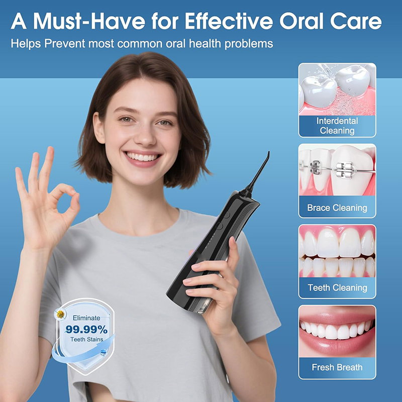 Irigator bucal FiGGA® ORAL F-202 – Duș bucal portabil, USB-C, rezervor 230 ml, 5 moduri de curățare, IPX7, 2000 mAh, Negru Premium