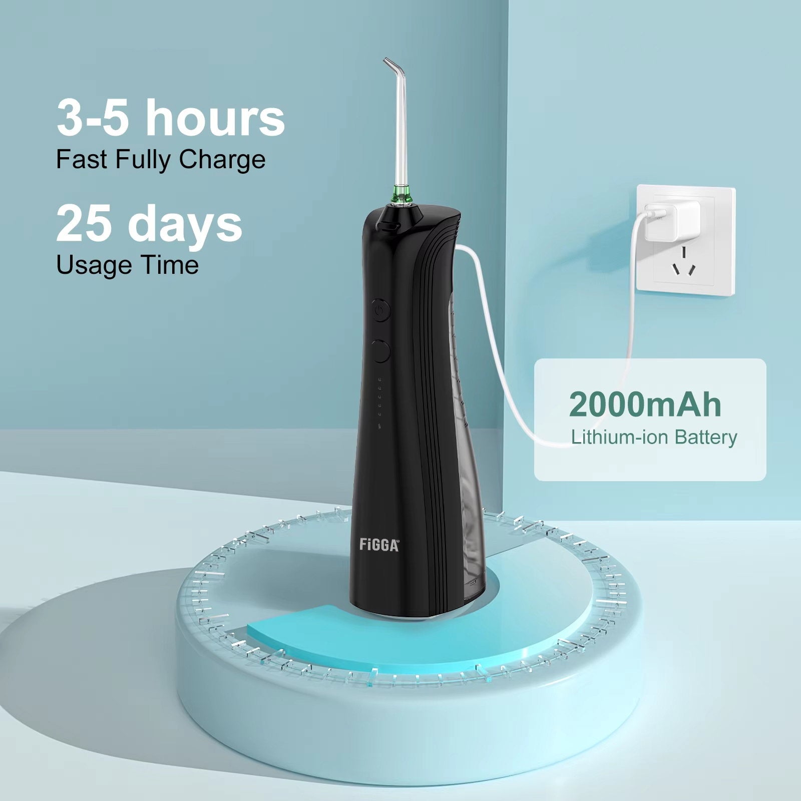 Irigator bucal FiGGA® ORAL F-202 – Duș bucal portabil, USB-C, rezervor 230 ml, 5 moduri de curățare, IPX7, 2000 mAh, Negru Premium