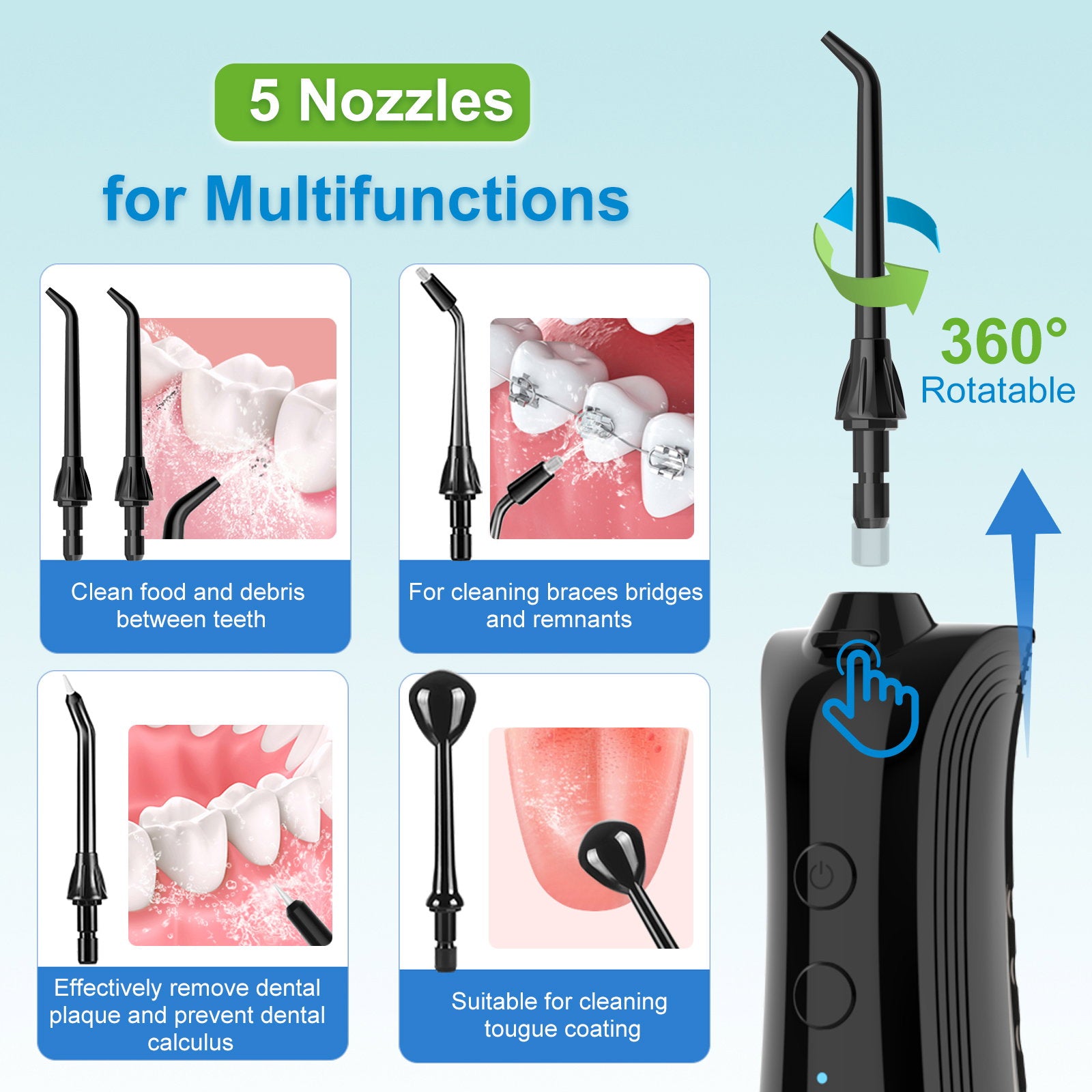 Irigator bucal FiGGA® ORAL F-202 – Duș bucal portabil, USB-C, rezervor 230 ml, 5 moduri de curățare, IPX7, 2000 mAh, Negru Premium