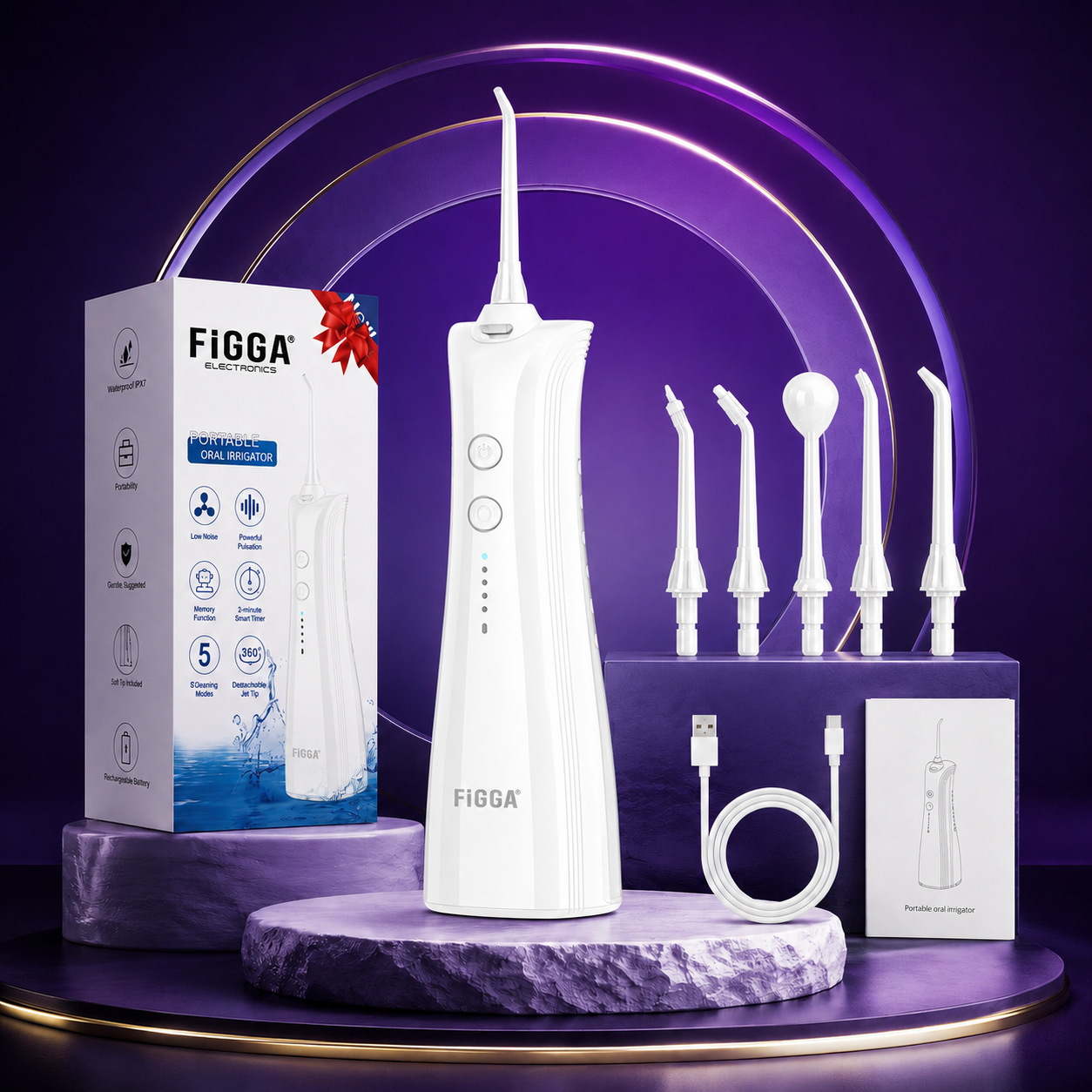 Irygator do zębów FiGGA® ORAL F-202 – Przenośny irygator dentystyczny, USB-C, zbiornik 230 ml, 5 trybów czyszczenia, IPX7, 2000 mAh, Elegancki biały
